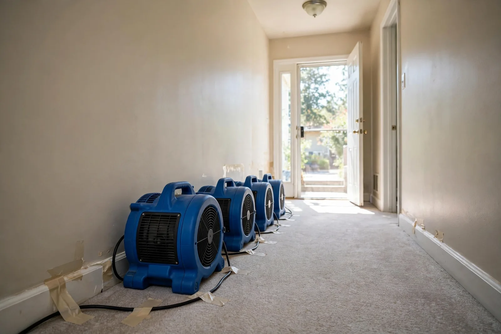 Air movers drying a hallway after water extraction in a Boca Raton home