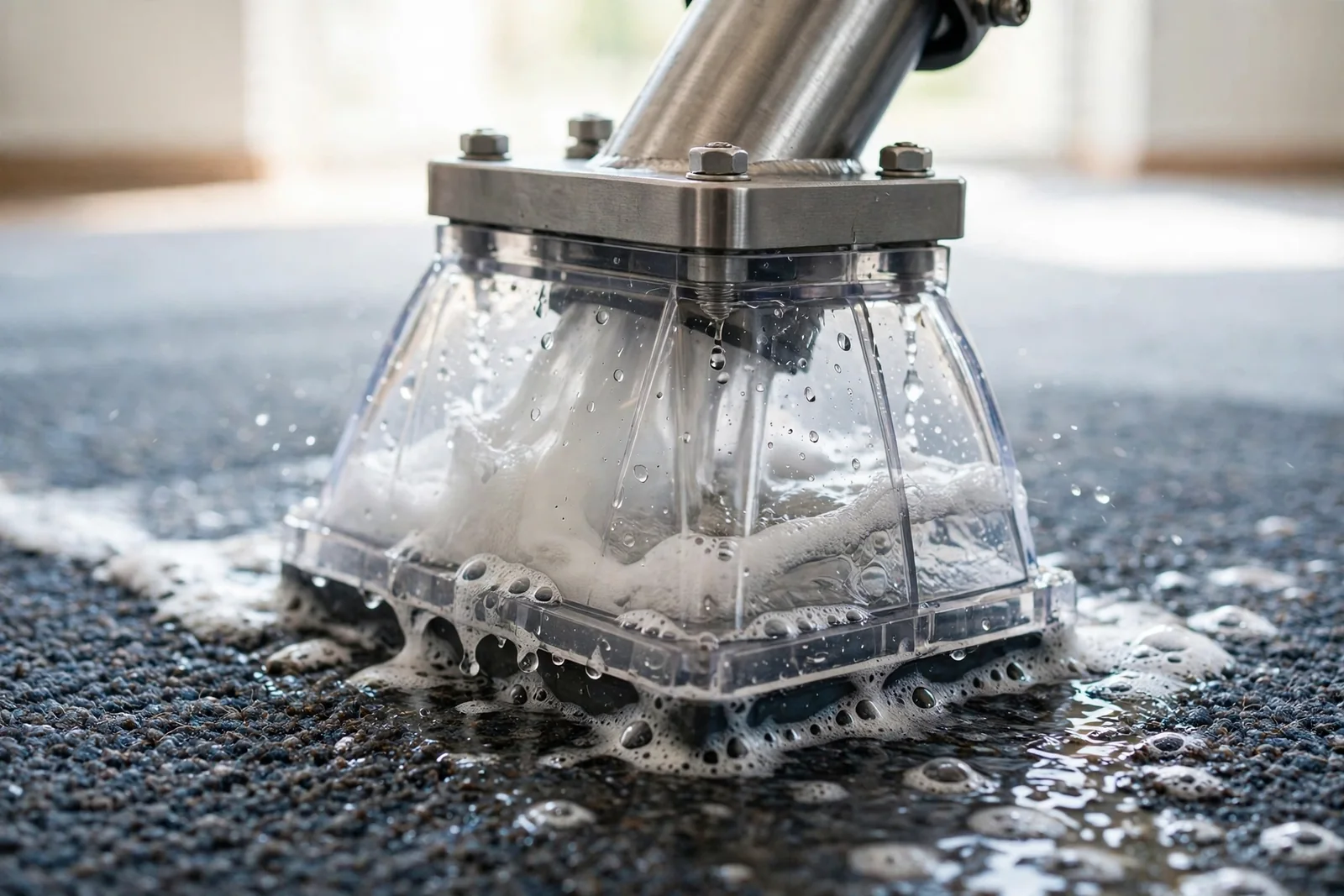 Close-up of a carpet extraction tool removing water from soaked carpet in Boca Raton