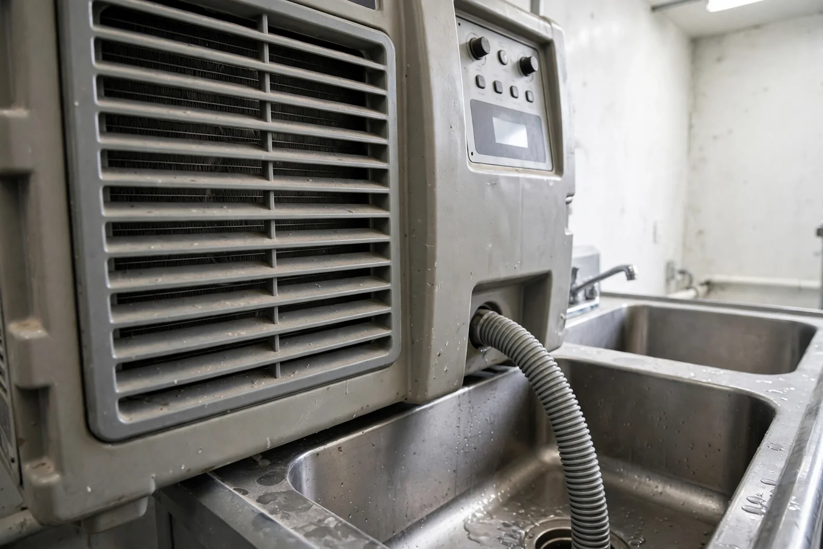 A commercial dehumidifier draining into a sink during structural drying in Boca Raton